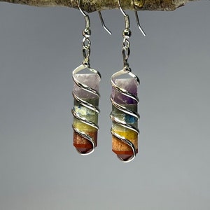 Rainbow Chakra Crystal Earrings, 7 Chakra Gemstone Wire Wrapped Dangle Earrings, SP