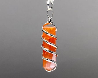 Carnelian Wire Wrapped Pendant with Chain, Carnelian Gemstone Pendant Necklace, Carnelian Crystal Necklace