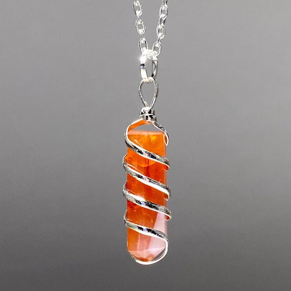 Carnelian Wire Wrapped Pendant with Chain, Carnelian Gemstone Pendant Necklace, Carnelian Crystal Necklace