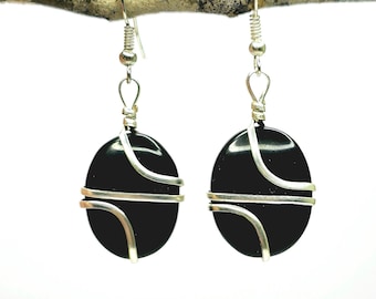 Black Obsidian Crystal Earring, Obsidian Wire Wrapped Dangle Earrings