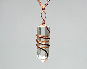 Clear Quartz Copper Wrapped Crystal Necklace, Quartz Copper Wrapped Gemstone Pendant with Chain