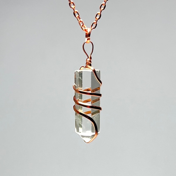 Clear Quartz Copper Wrapped Crystal Necklace, Quartz Copper Wrapped Gemstone Pendant with Chain