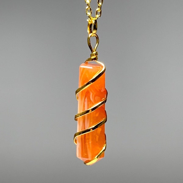 Carnelian Pendant Necklace, Carnelian Gold Plated Wire Wrapped Pendant with Chain