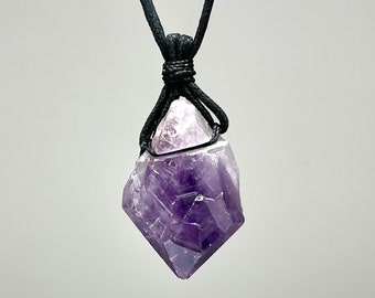 Amethyst Crystal Pendant Necklace, Amethyst Gemstone Cord Necklace