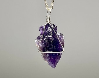 Amethyst Arrowhead Crystal Necklace - Carved Arrowhead Gemstone Pendant with 18" Chain