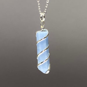 Angelite Pendant Wire Wrapped with Chain, Angelite Crystal Necklace, Angelite Pendant Necklace