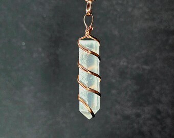 Selenite Pendant With Copper Wire Wrap , Selenite Copper Wire Wrapped Gemstone Pendant with Chain.