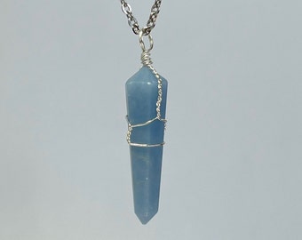 Angelite Pendant Wire Wrapped with Chain, Angelite Crystal Necklace, Angelite Pendant Necklace