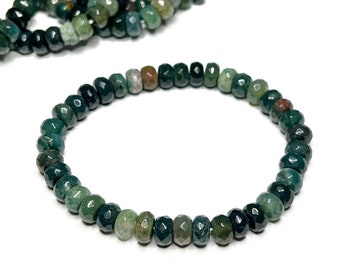 Moss Agate Faceted Rondelle Crystal Bracelet, Moss Agate Gemstone Beaded Bracelet