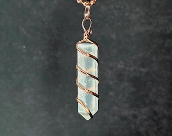 Selenite Wire Wrap Crystal Necklace - Copper Wrapped Gemstone Pendant with Chain