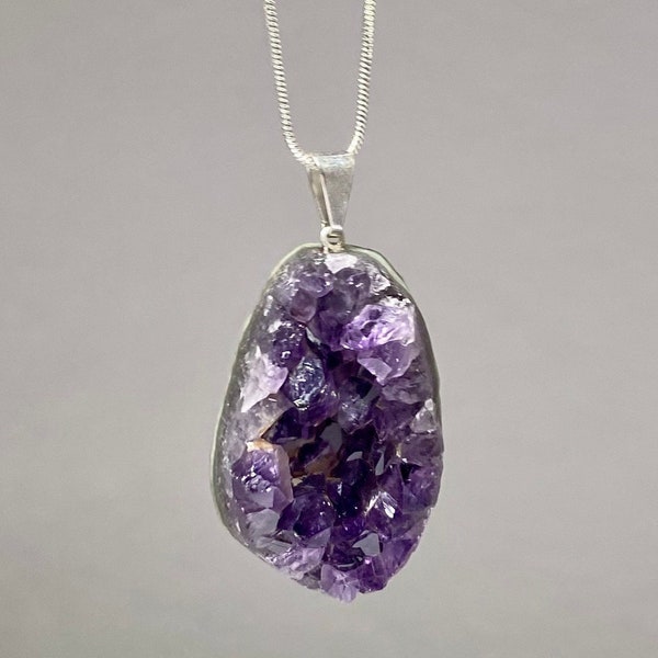 Amethyst Pendant Necklace, Amethyst Crystal Cluster with 18 inch Chain