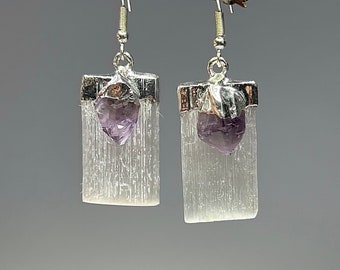 Selenite Gemstone Earrings, Selenite Dangle Earrings with Amethyst Stone Accent