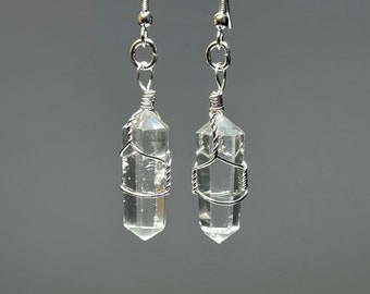 Clear Quartz Crystal Dangle Earrings, Quartz Gemstone Wire Wrapped Earrings