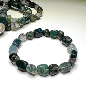 Moss Agate Crystal Bracelet: Tumbled Gemstone Beaded Stretch Bracelet