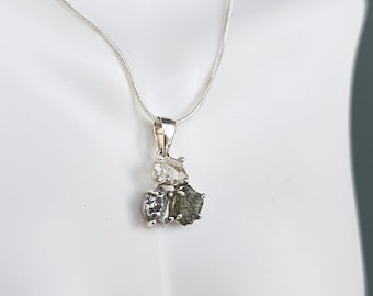 Moldavite, Meteorite & Herkimer Diamond Sterling Silver Pendant Necklace