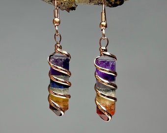 Rainbow Chakra Crystal Earrings, 7 Chakra Gemstone Wire Wrapped Dangle Earrings, RG