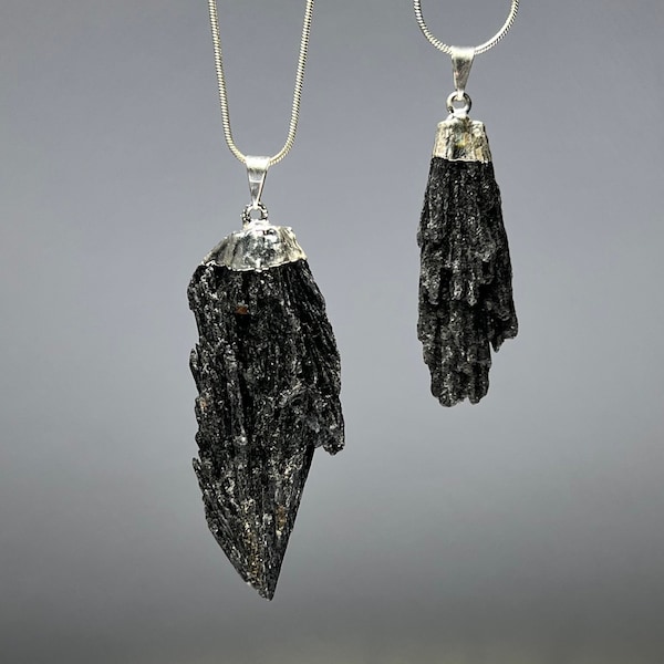 Black Kyanite Pendant Necklace, Black Kyanite Crystal Pendant with Free Chain