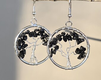 Black Tourmaline Crystal Earrings: Tree of Life Dangle Earrings