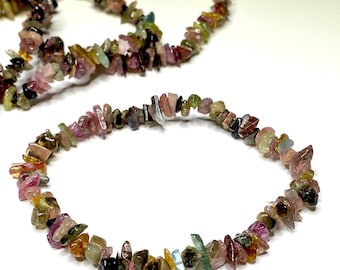 Watermelon Tourmaline Crystal Chips Bracelet, Tourmaline Gemstone Beaded Bracelet