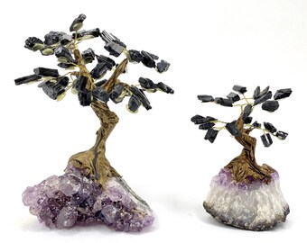 Black Tourmaline Bonsai Crystal Tree, Tourmaline Gemstone Tree with Amethyst Base