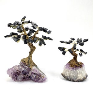 Black Tourmaline Bonsai Crystal Tree, Tourmaline Gemstone Tree with Amethyst Base