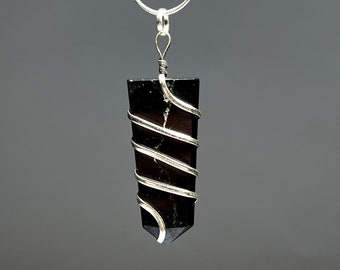 Black Tourmaline Wire Wrapped Crystal Pendant with 18" Chain, Black Tourmaline Gemstone Pendant Necklace