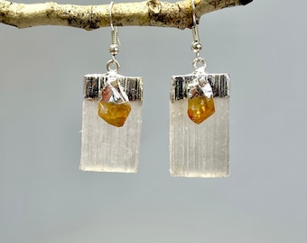 Selenite Gemstone Earrings, Selenite Crystal Dangle Earrings with Citrine Stone Accent