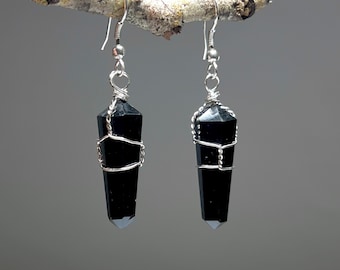 Black Obsidian Gemstone Dangle Earrings, Obsidian Crystal Wire Wrapped Earrings