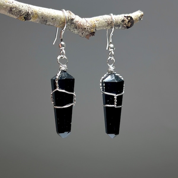 Black Obsidian Gemstone Dangle Earrings, Obsidian Crystal Wire Wrapped Earrings