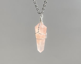 Rose Quartz Pendant Necklace, Rose Quartz Crystal Wire Wrapped with Chain