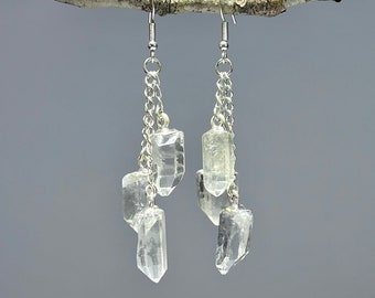 Clear Quartz Cascade Dangle Earrings, Long Clear Crystal Quartz Earrings