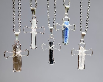 Crucifix Gemstone Pendant Necklace, Crystal Cross Pendant with Free 18 inch Chain