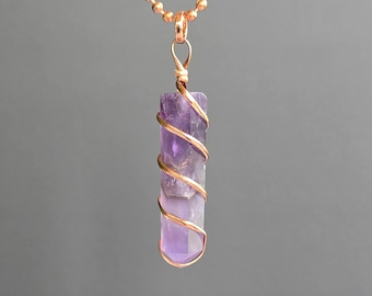 Amethyst Copper Wrapped Pendant Necklace - Handmade Crystal Jewelry