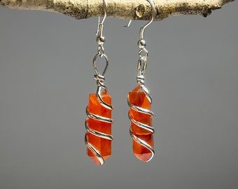 Carnelian Gemstone Dangle Earrings, Carnelian Wire Wrapped Crystal Earrings