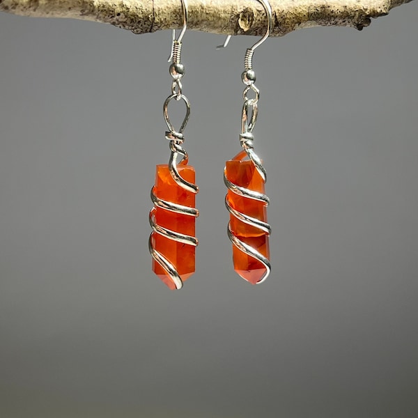 Carnelian Gemstone Dangle Earrings, Carnelian Wire Wrapped Crystal Earrings