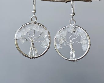 Clear Quartz Crystal Earrings: Tree of Life Dangle Earrings