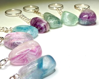 Rainbow Fluorite Crystal Keychain, Fluorite Gemstone Keychain