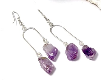 Raw Amethyst Dangle Earrings, Handmade Gemstone Drop Earrings
