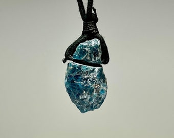 Blue Apatite Crystal Necklace, Raw Blue Apatite Cord Necklace
