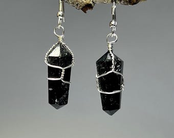Black Tourmaline Dangle Earrings: Wire Wrapped Boho Jewelry