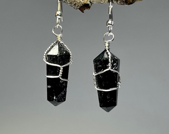 Featured listing image: Black Tourmaline Dangle Earrings: Wire Wrapped Boho Jewelry