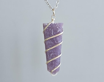 Lepidolite Point Wire Wrapped Pendant Necklace