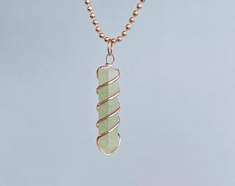 Green Aventurine Pendant Necklace: Wire Wrapped Gemstone with Copper Chain
