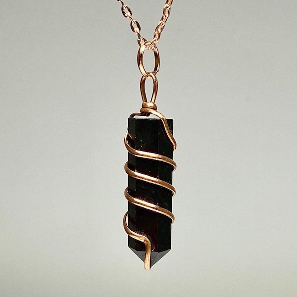 Black Tourmaline Pendant Necklace: Wire Wrapped Gemstone with Copper Chain