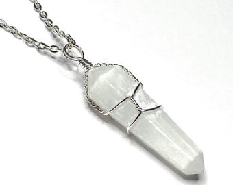 Selenite Crystal Necklace, Handmade Gemstone Pendant Wire Wrapped with Chain