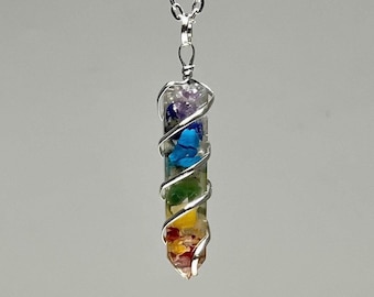7 Chakra Gemstone Orgonite Wire Wrapped Pendant with Chain, Rainbow Chakra Pendant Necklace