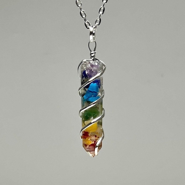 7 Chakra Gemstone Orgonite Wire Wrapped Pendant with Chain, Rainbow Chakra Pendant Necklace