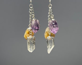 Multi Stone Cascade Long Dangle Earrings, Amethyst Citrine Quartz Long Crystal Earrings