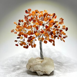May include: A small, wire-wrapped tree with a brown, natural stone base. The tree is decorated with carnelian stones, which are a reddish-orange color.