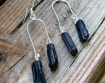 Black Tourmaline Crystal Drop Earrings, Handmade Gemstone Dangle Earrings